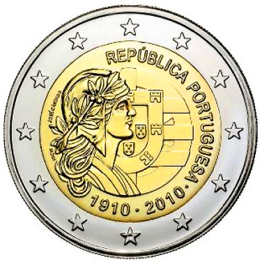 Portugal 2010 2 euro commemorative pamětní mince Centenário da República Portuguesas - 2010