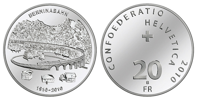 100 years of Bernina Railway 2010 20 frank swiss coin