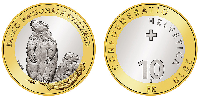 The bimetal coin 2010 'Swiss National Park Alpine Marmot 10 frank 2010