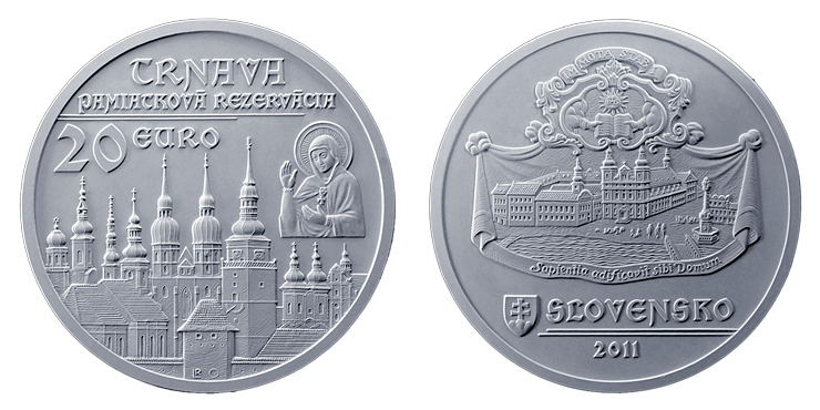 Strieborná zberateľská minca nominálnej hodnoty 20 eur Pamiatková rezervácia Trnava